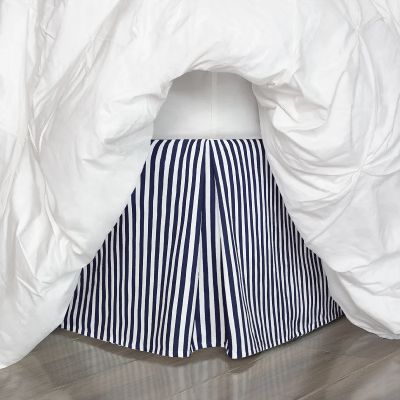 Bed skirts with a bohemian - inspired patternThe Navy Blue Striped Pleated Bed Skirt