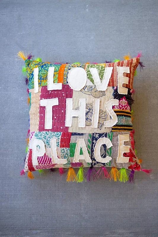 Round Pillows for Boho-Style InteriorsKalalou NRV2255 I Love This Place Kantha Pillow